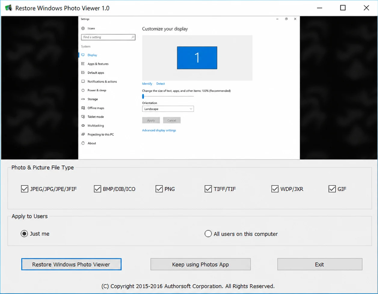 Restore Windows Photo Viewer 1.0 main window with file type checkboxes, user scope and the Restore button